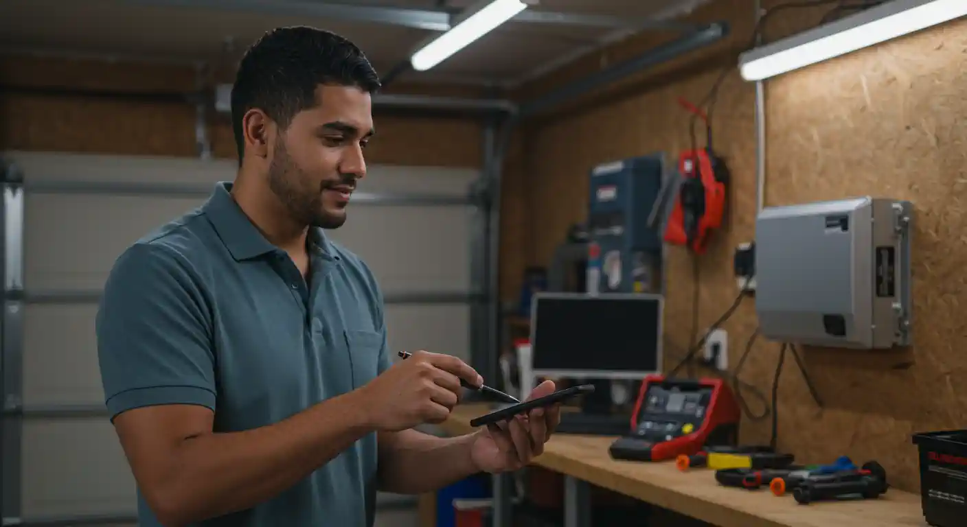 A man in a blue polo shirt uses a tablet in a garage. He's surrounded by tools and tech equipment.