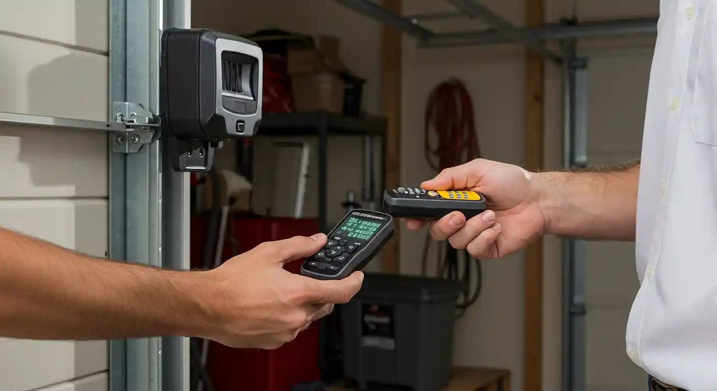 Two people exchange remotes next to a garage door opener inside a garage.