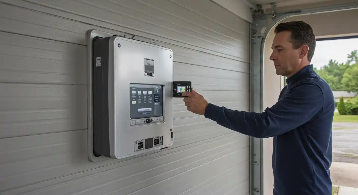 A man in a blue long-sleeved shirt is holding a small black device up to a larger silver wall-mounted control panel with a screen, likely interacting with the system. The panel is installed on a white ribbed wall, possibly inside a garage, with an open garage door showing greenery and a driveway in the background.