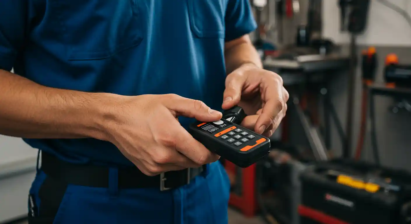 A close-up shot of a person in a blue work shirt holding a black and orange garage door opener remote with a numeric keypad. Their hands are focused on the remote, suggesting they are programming or operating it. The background is slightly blurred, showing what appears to be a garage or workshop setting with some tools and equipment.