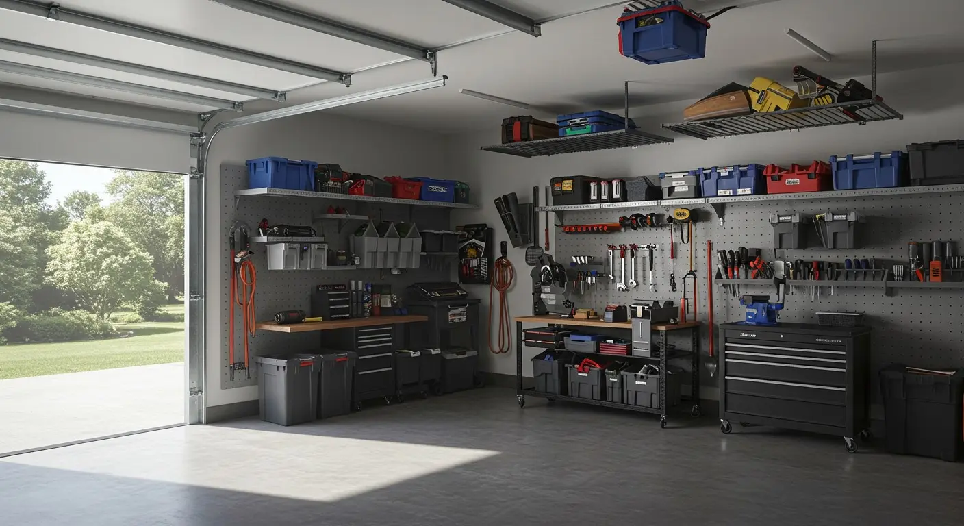 Organized garage with tools and storage.