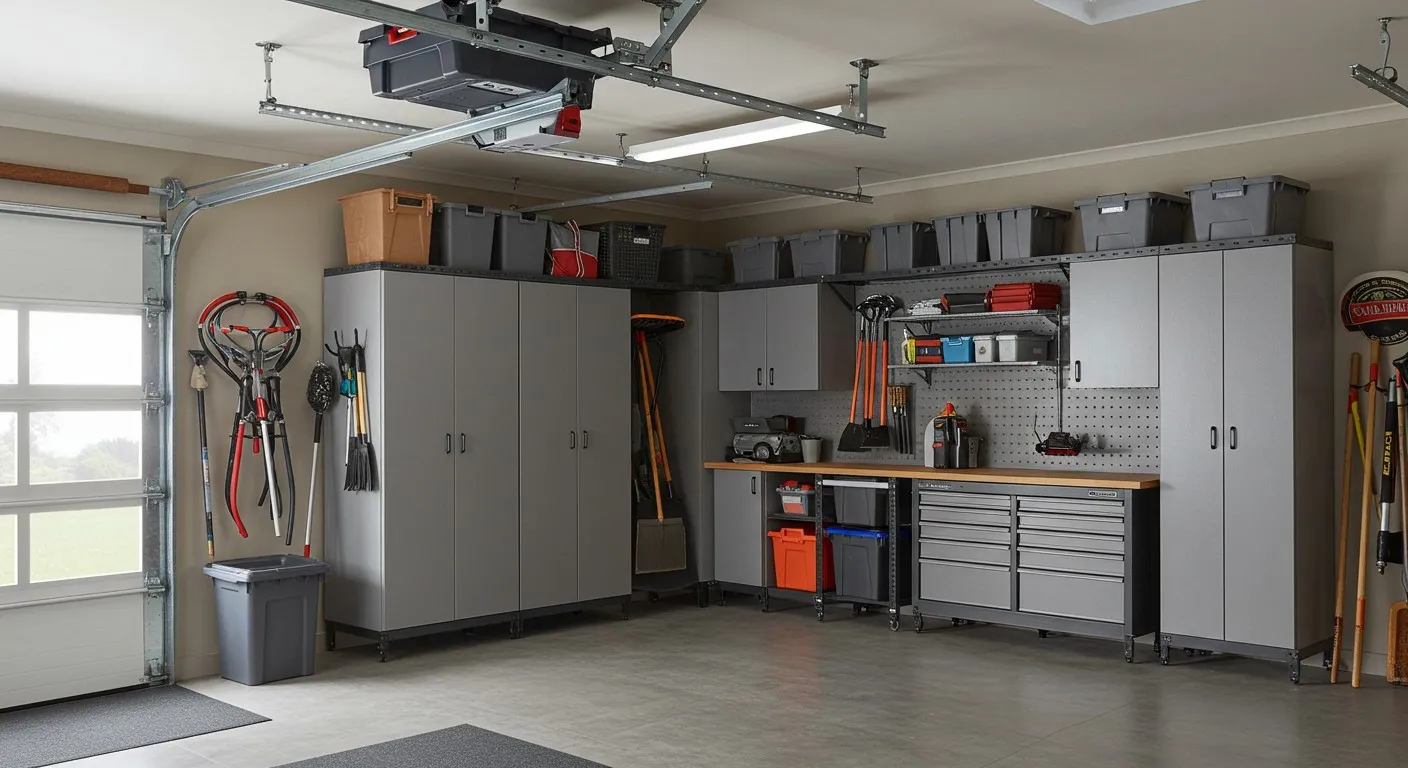Gray cabinet system in a garage.