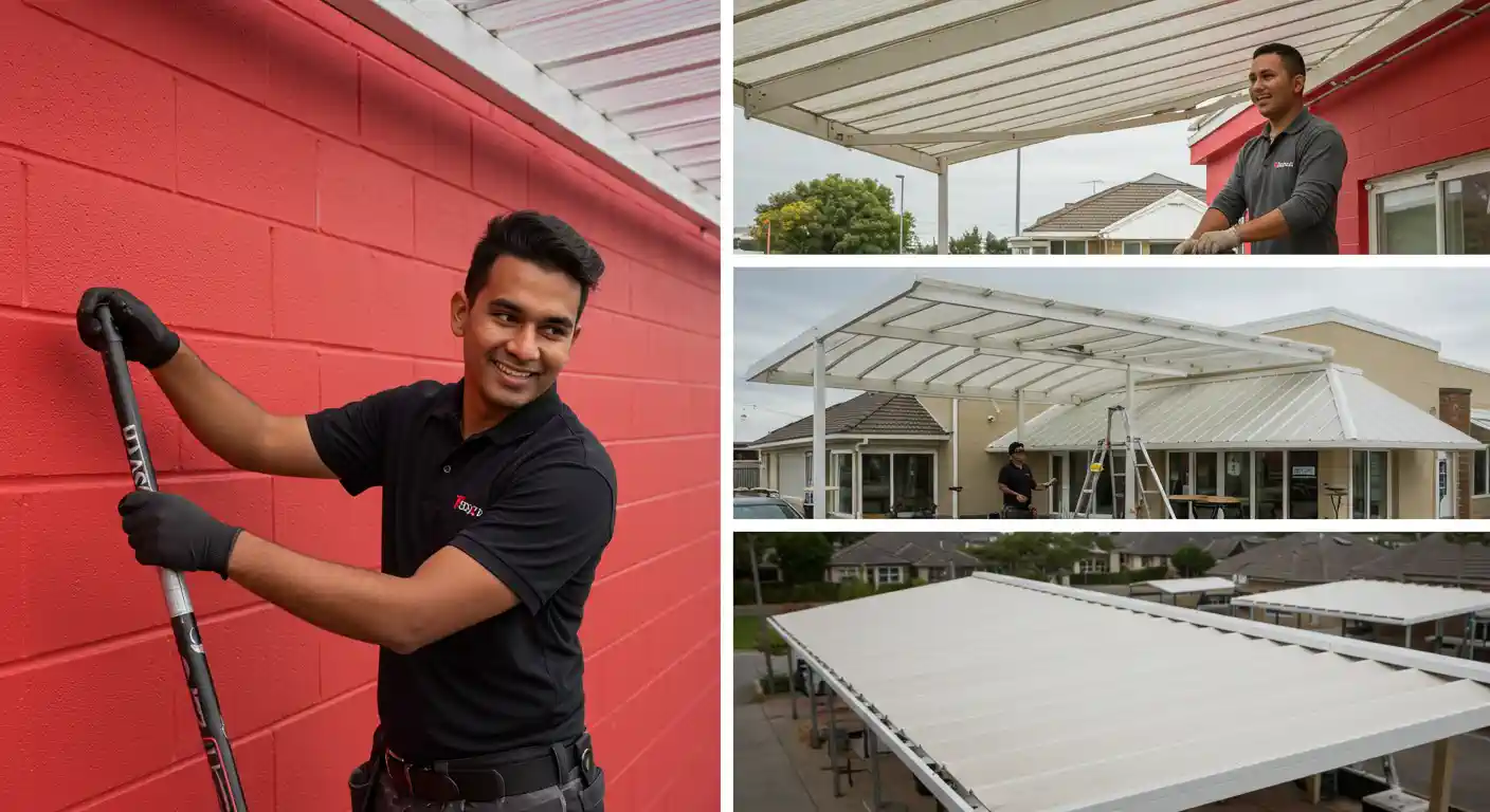 A man with a smile on his face, wearing a black t-shirt and black gloves, holds a long black pole with a red logo on it. He is standing against a bright red brick wall, cleaning or working on the side of a building.