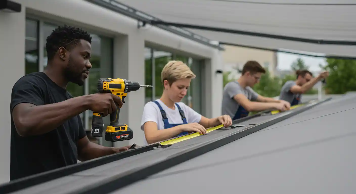 A team of four workers is installing a gray awning or roof structure. A Black man in the foreground is using a yellow and black power drill. Behind him, a person with short blonde hair and blue overalls is using a tape measure. In the background, two other workers are also using tape measures and working on the structure.