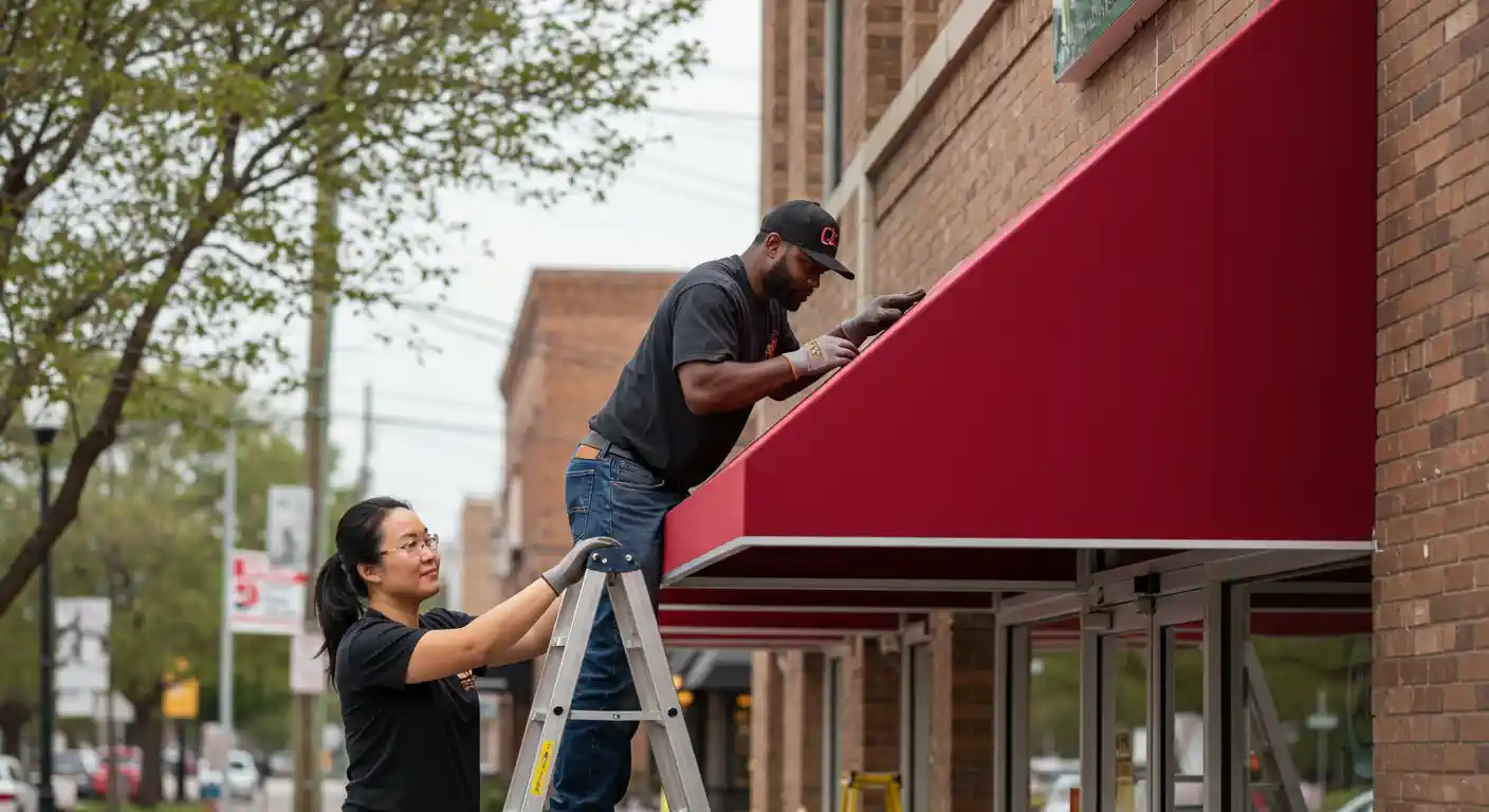  A man and a woman are working together to install a bright red awning over a storefront. The man, wearing a black t-shirt, jeans, and a black baseball cap, is standing on a ladder and adjusting the awning. The woman, wearing a black t-shirt and glasses, is holding the ladder steady and looking up at him. The building is made of brick, and there's a street with trees in the background.