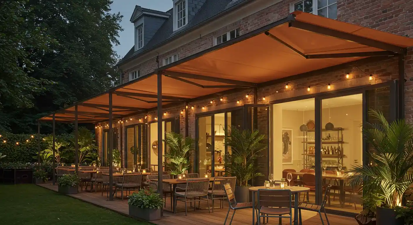 An outdoor patio area is set up with tables and chairs under a large, beige or light brown awning. The space is illuminated by warm string lights and candles on the tables, creating a cozy and inviting evening ambiance. The patio is next to a brick building with large glass doors, and there are potted plants and trees in the surroundings.