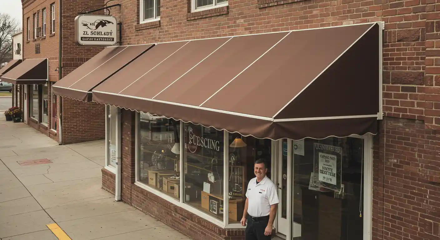 A high-angle shot shows a man in a white button-up shirt and black pants smiling as he stands in the doorway of a shop. The storefront features a large, continuous brown awning with white trim and a scalloped edge. The building is made of red brick, and there's a sign hanging above the awning that says "ZL. SCHLADY Canvas & Awning". A similar awning is visible on the adjacent building.