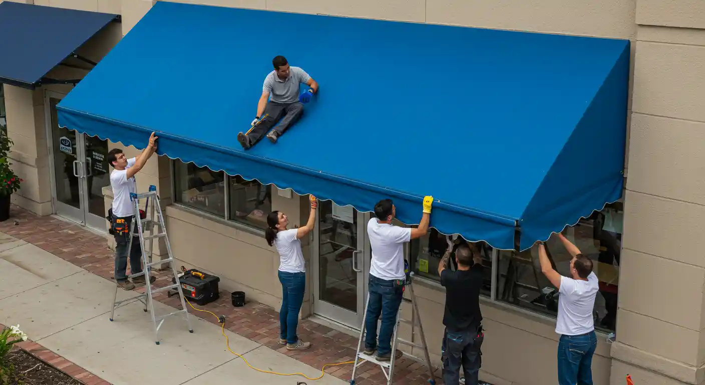 A team of five workers is installing a large, vibrant blue awning on the front of a building. One man is sitting on top of the awning, while the other four are standing on the ground or on ladders, working to secure the fabric and frame. The awning has a white scalloped edge. A dark blue awning is visible on the adjacent building to the left.