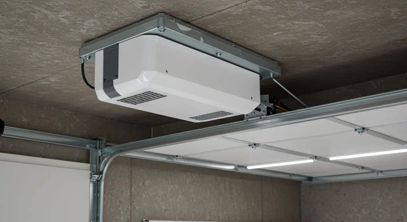 A close-up of a hand holding a garage door remote, with a suburban driveway and open garage door in the background.