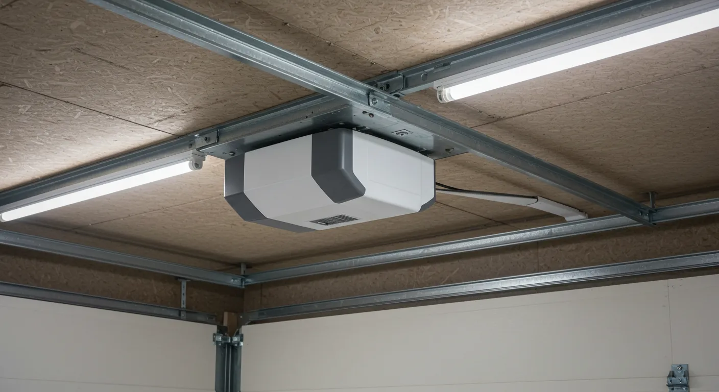 White and gray garage door opener installed on a wood-paneled ceiling with a fluorescent light fixture nearby.