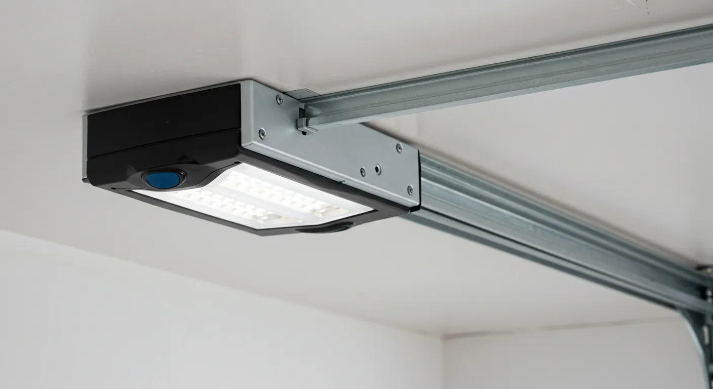 Sleek black and silver garage door opener with a bright LED light fixture, mounted on a white ceiling.