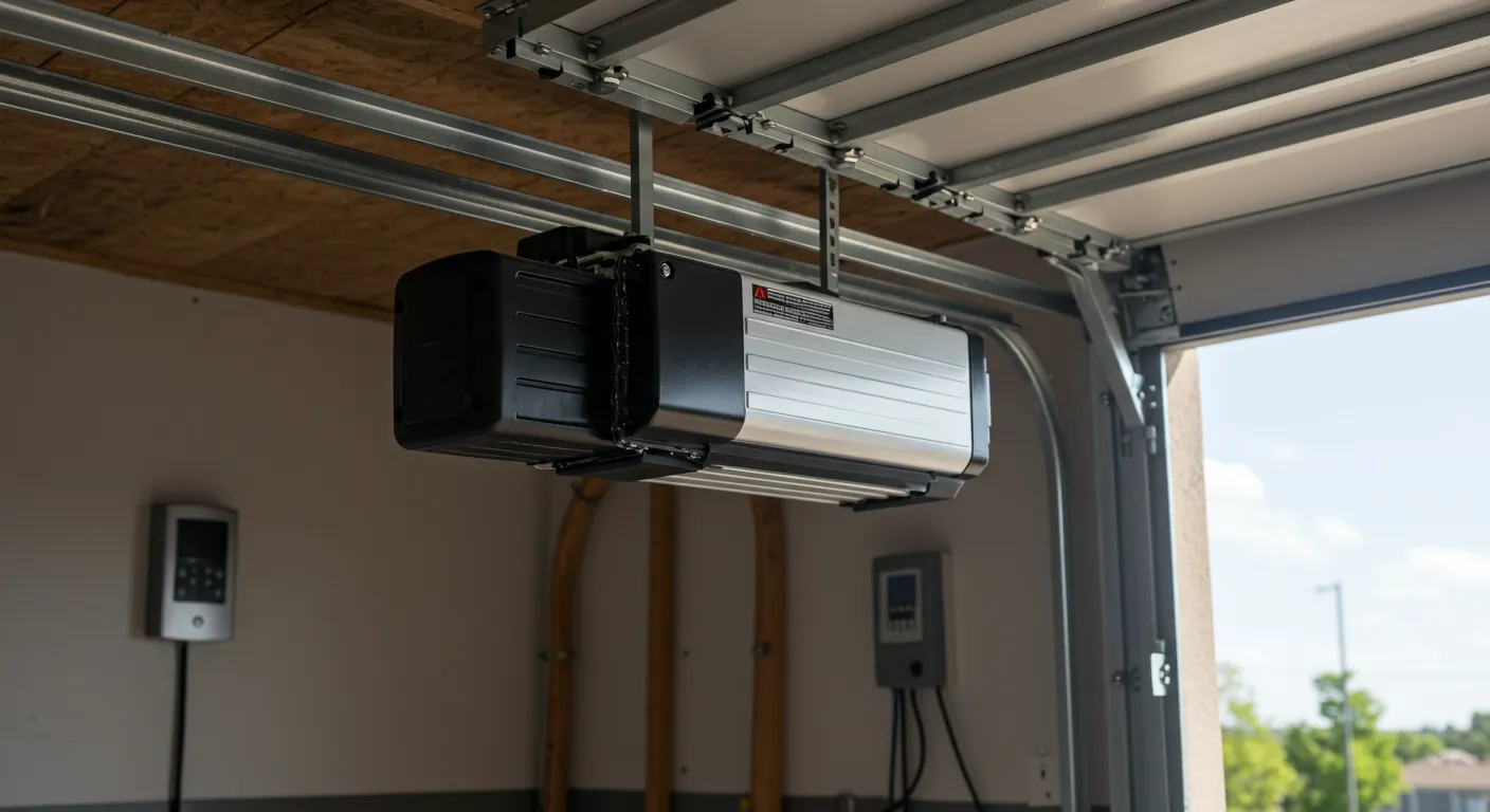 Heavy-duty, silver-and-black industrial garage door opener hanging from the ceiling, with a remote control panel on the wall.