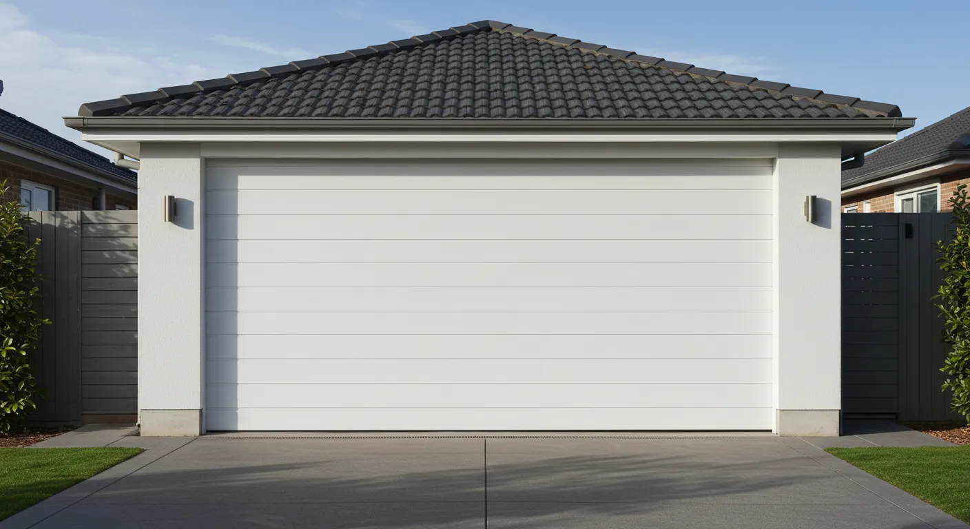 A modern white garage door on a residential home with a dark tiled roof and decorative outdoor lights.