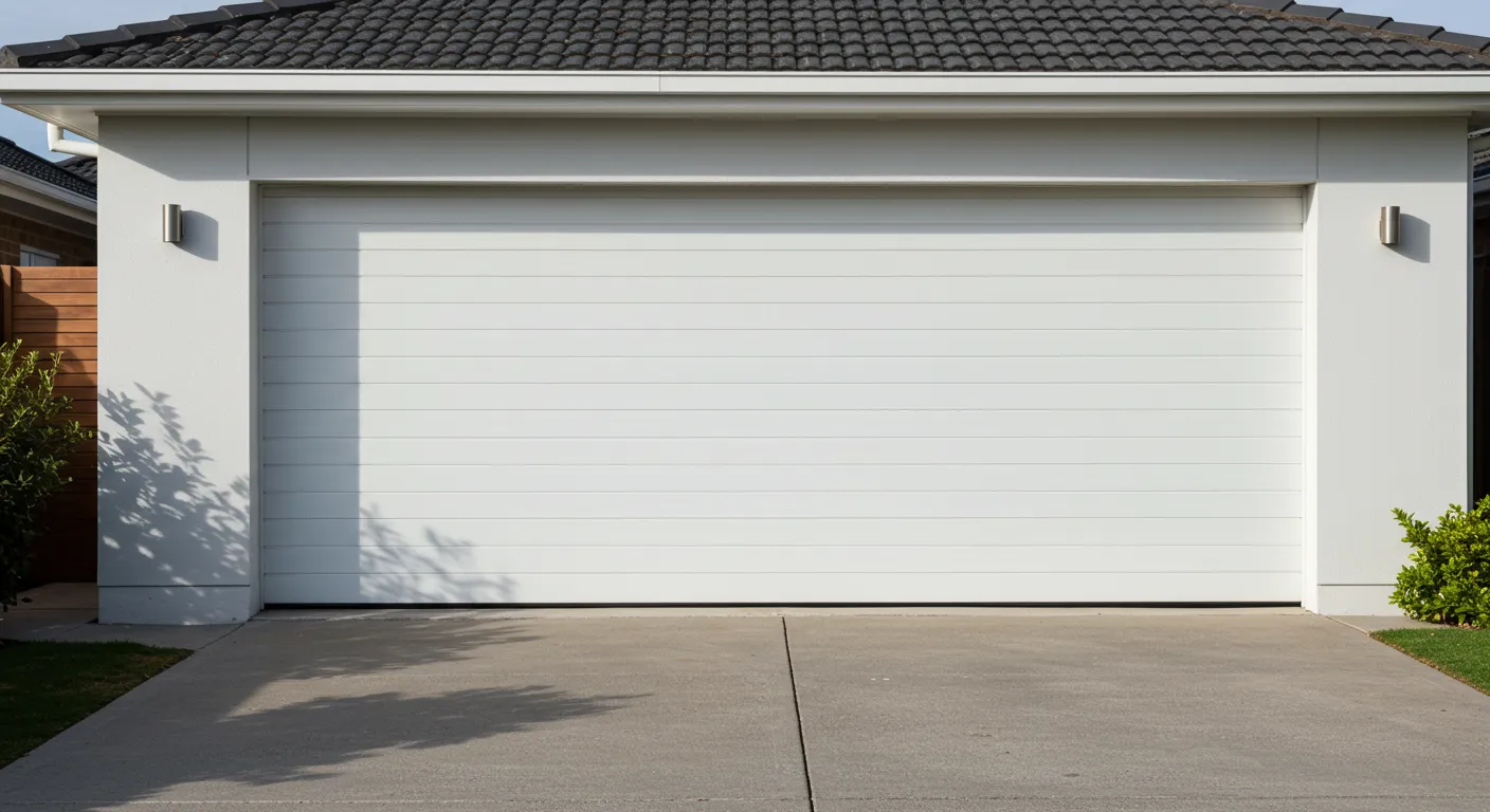 A wide shot of a white, paneled garage door on a house with a dark roof and a concrete driveway.