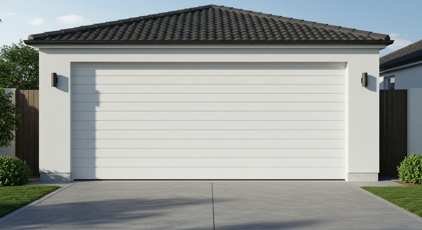 A white, horizontal paneled garage door on a house with a concrete driveway and decorative landscaping.
