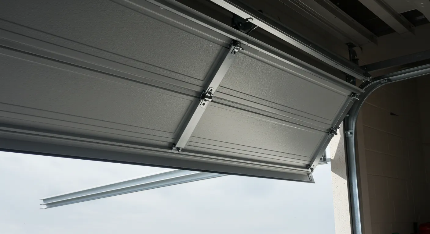 The interior of a gray garage door as it is opening, showing the folding panels and tracks.