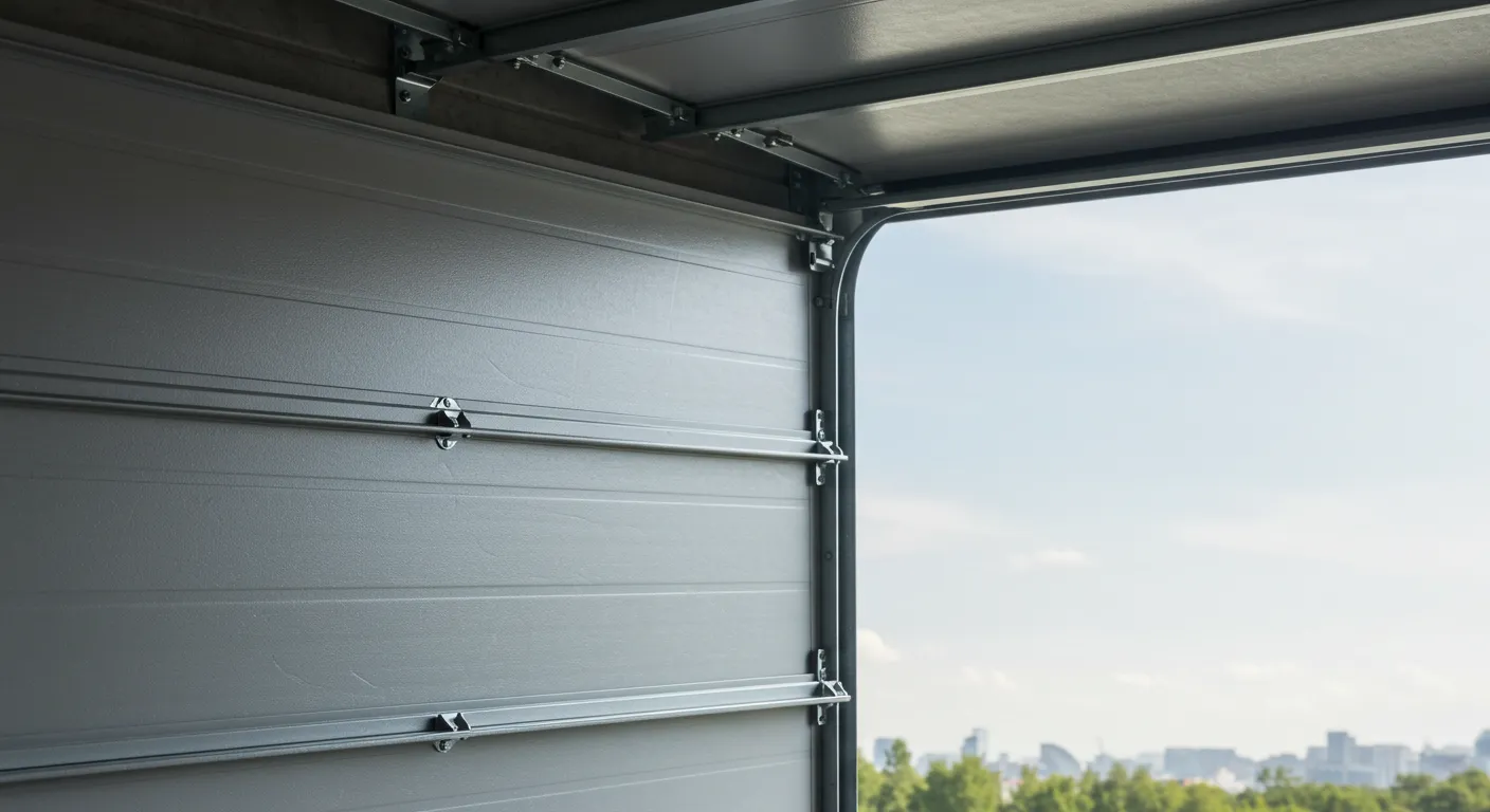 Interior view of an open gray garage door, showing the panel hinges and the outside world with a cityscape in the distance.