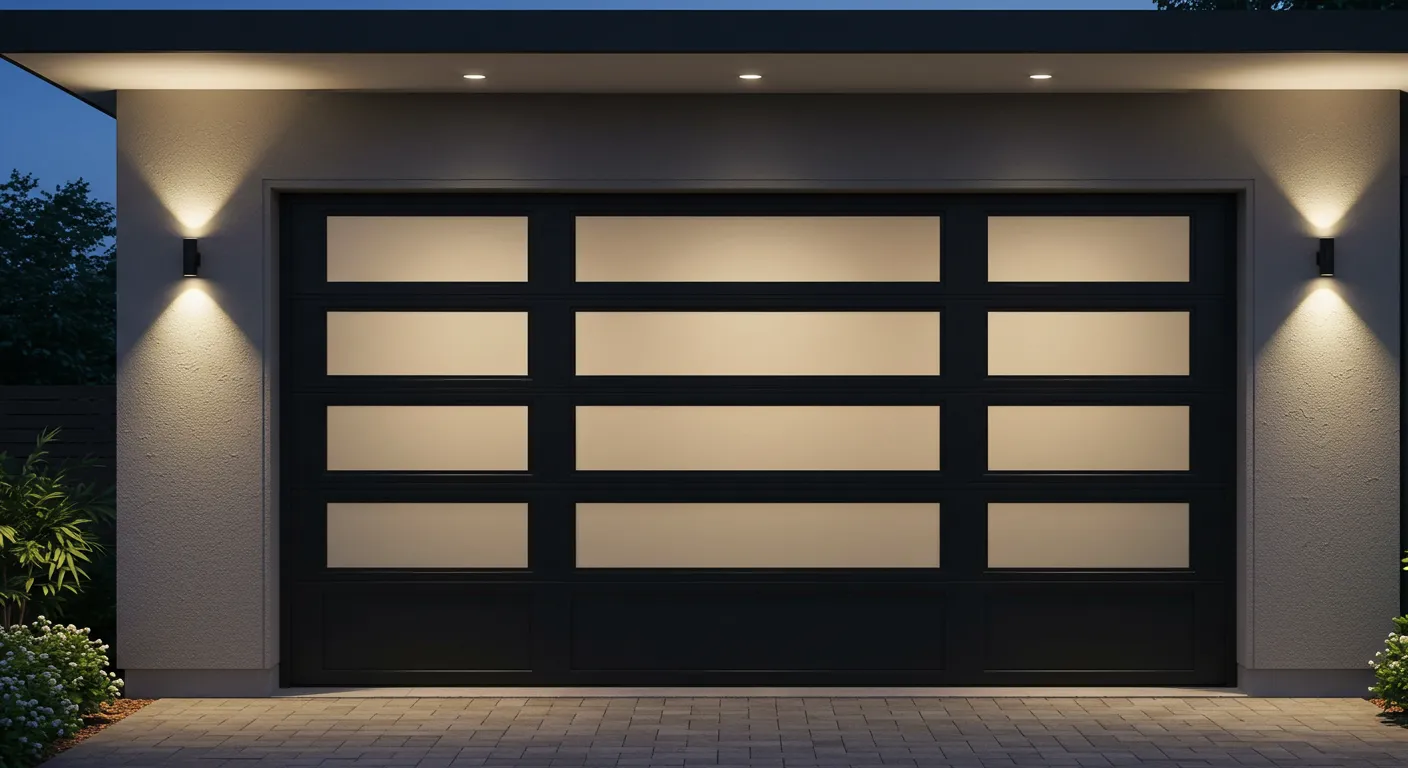 A stylish modern garage door at dusk with black frames and frosted glass panels, illuminated by exterior lighting.