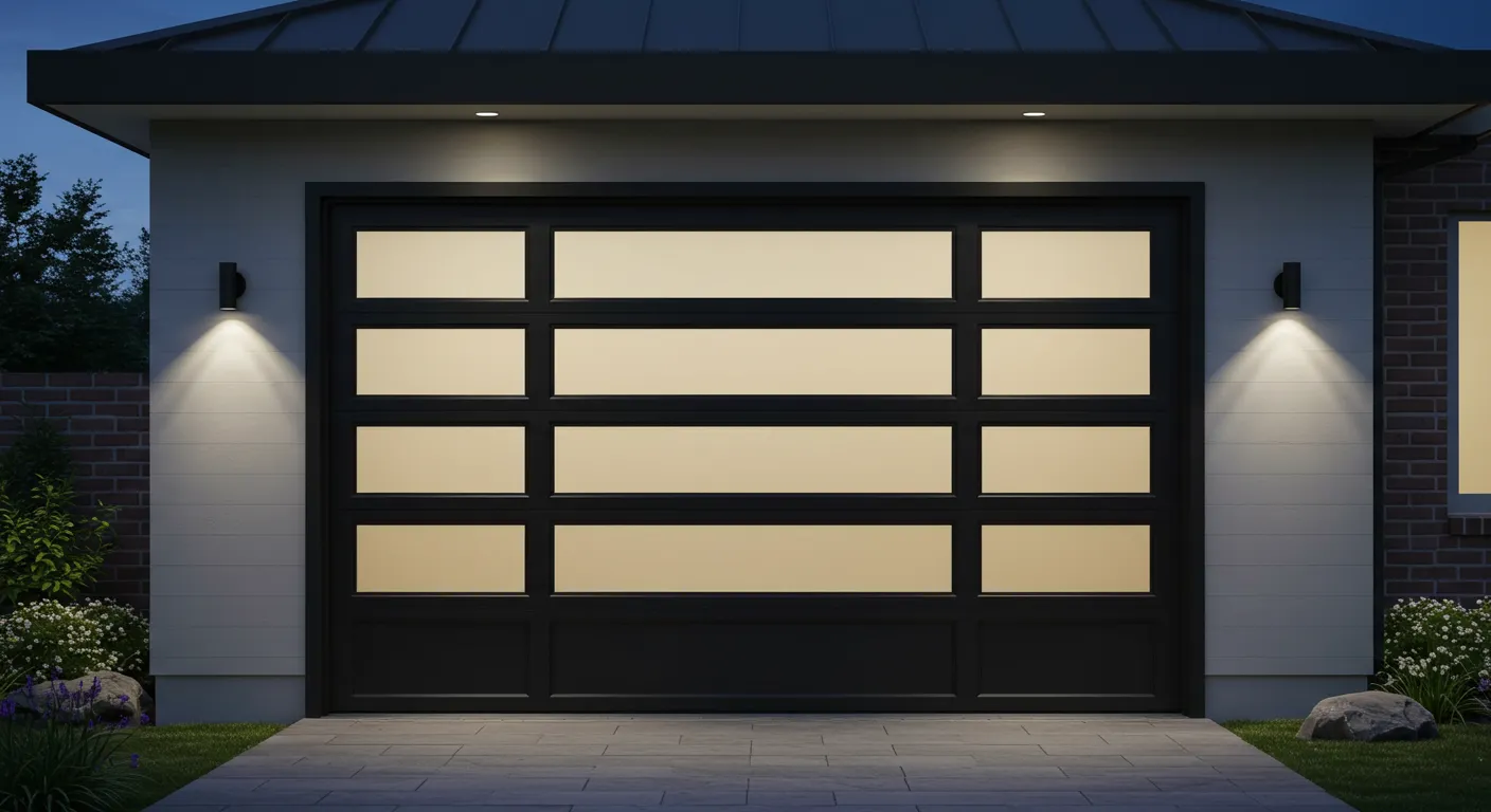 A contemporary black garage door with frosted glass windows, on a home with brick and siding, illuminated by exterior lights at night.