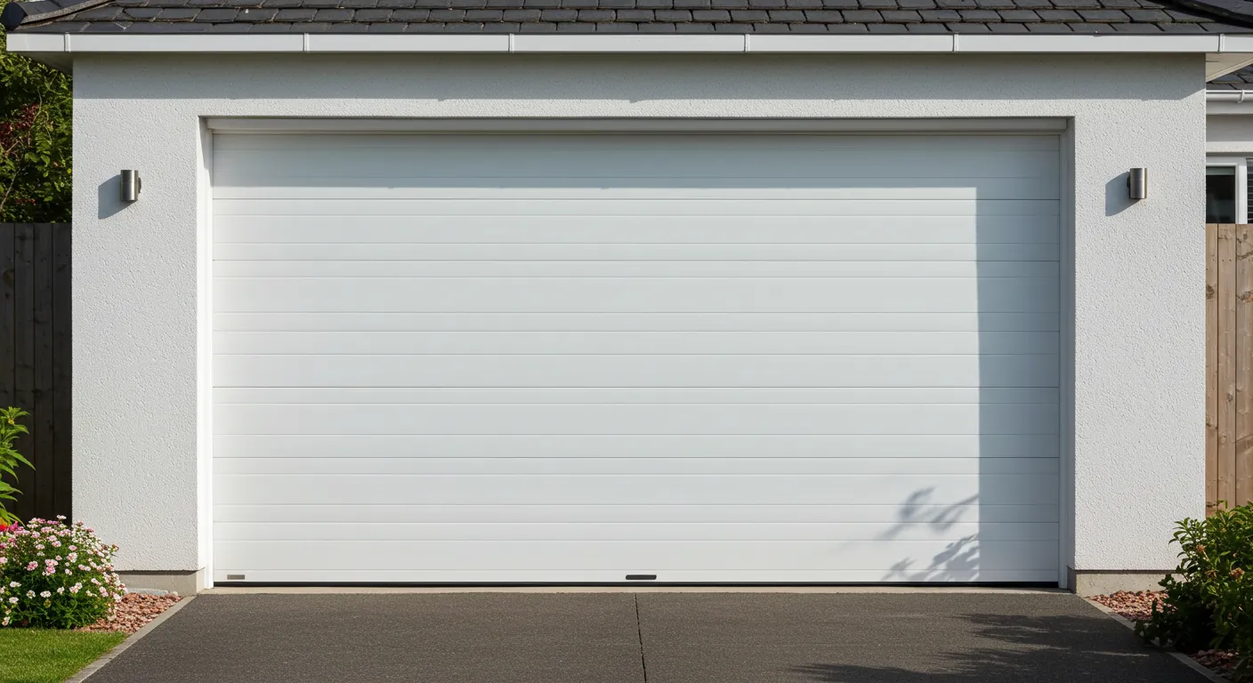 A minimalist white garage door with horizontal panels on a textured white home, with a dark asphalt driveway.