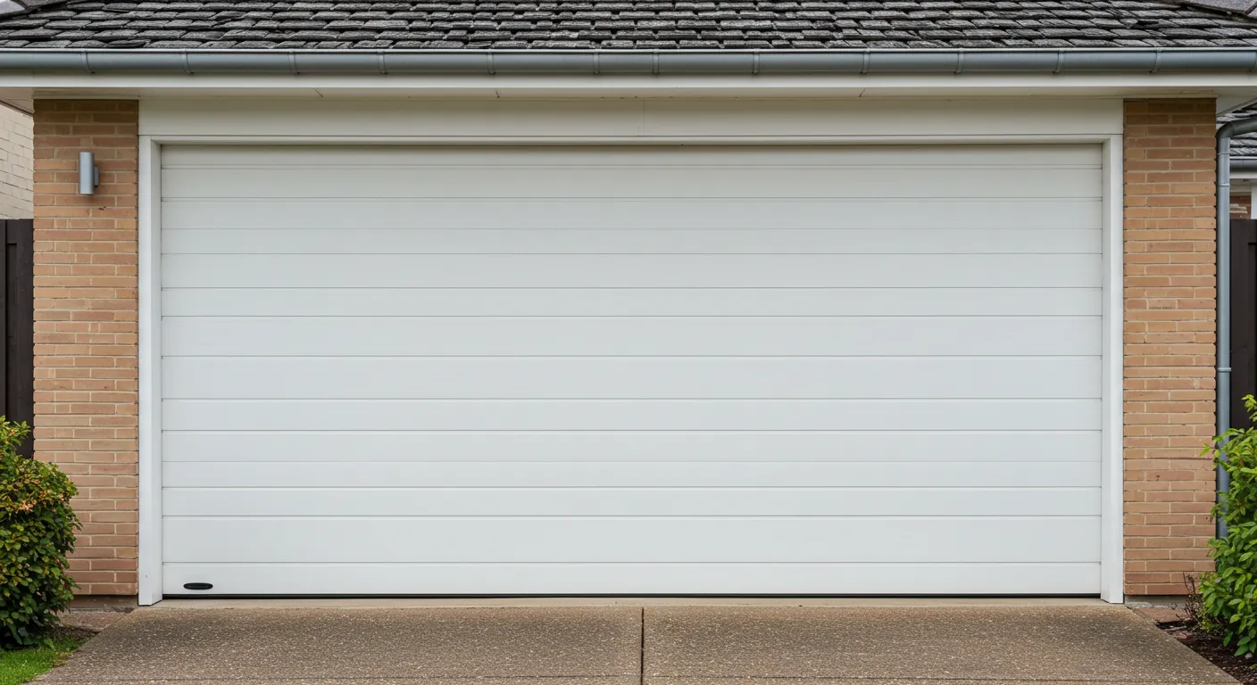 A simple white horizontal paneled garage door on a brick facade with a concrete driveway.