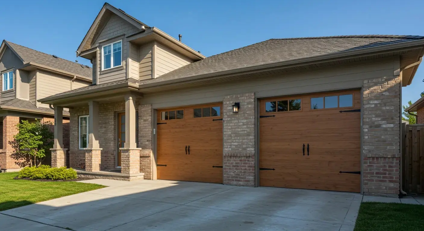 A two-car garage with faux wood, carriage-style doors on a modern brick and siding house with a concrete driveway.