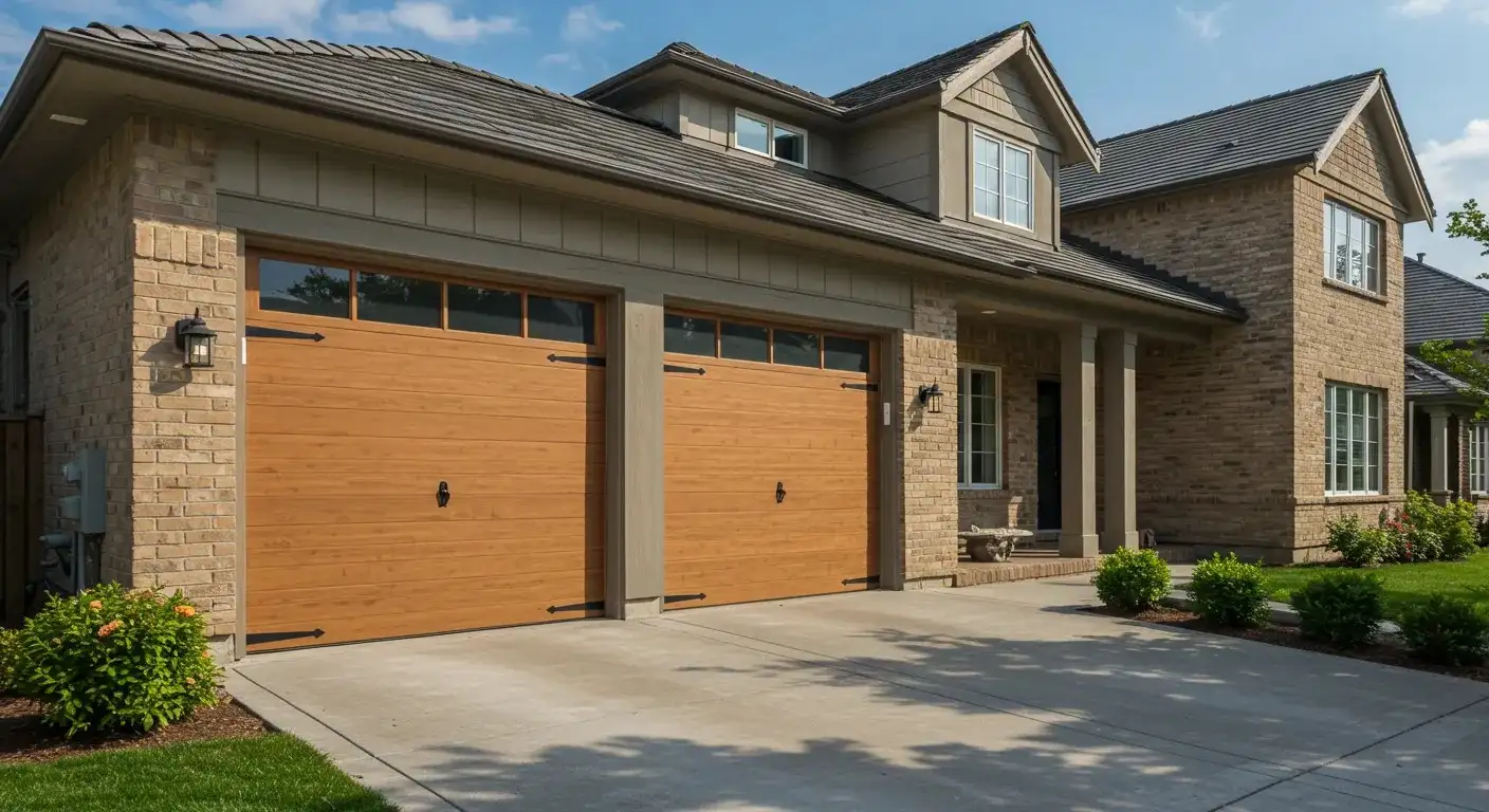 An exterior view of a large brick house with two wooden-style garage doors, windows, and decorative hardware.