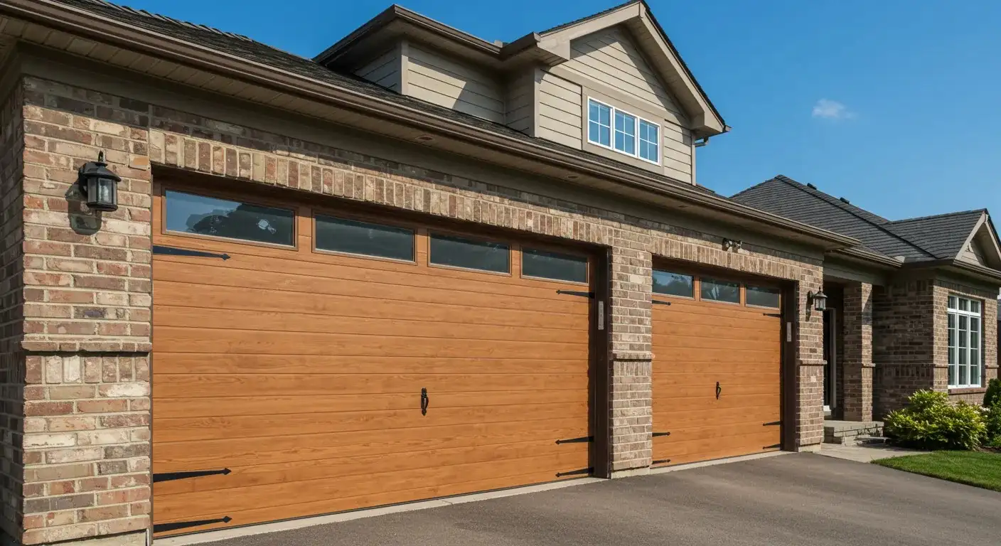 A two-car garage with two rustic wooden doors, windows, and black hardware, on a brick and siding house.