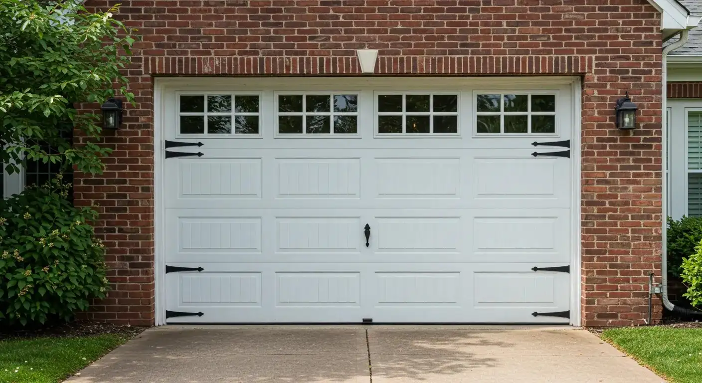 A traditional white garage door with paneled sections and square windows, accented with black hinges and a handle, on a red brick home.