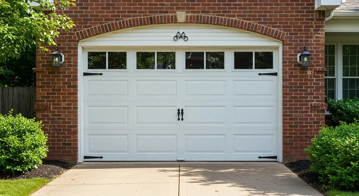 A white carriage-style garage door with an arched brick opening, decorative hardware, and windows.