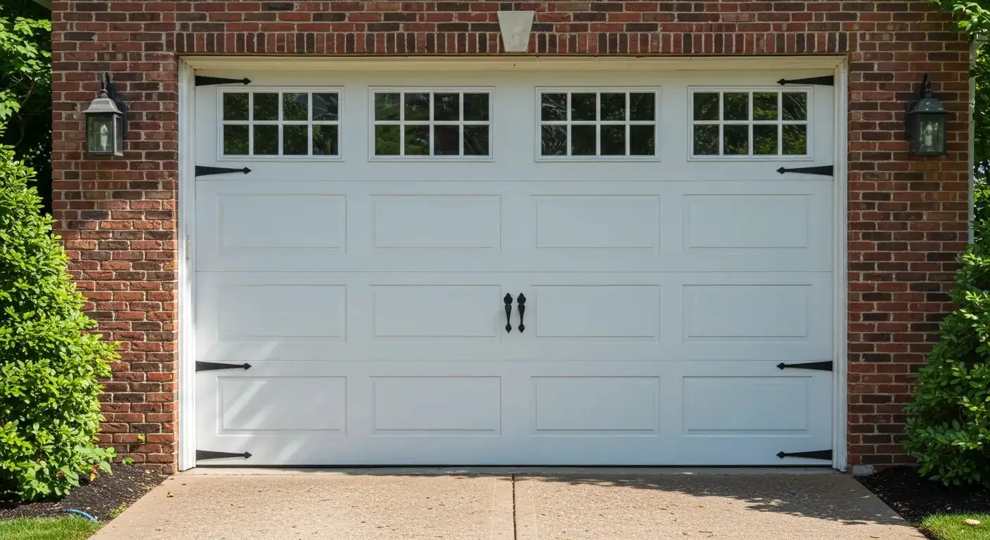 A classic white garage door with rectangular window inserts and black decorative hinges and handles, on a red brick house.