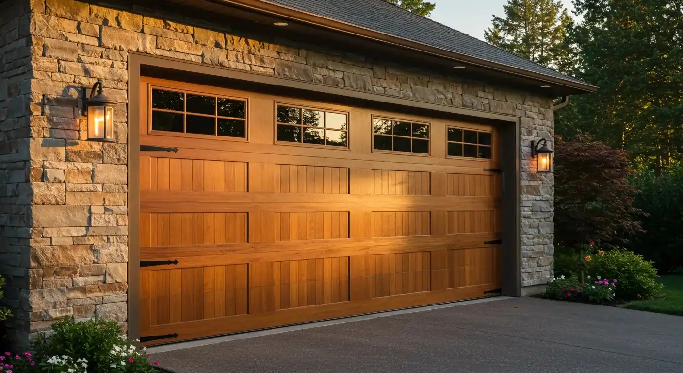 A single wooden garage door with a carriage house style, windows, and black hardware, set in a rustic stone facade.