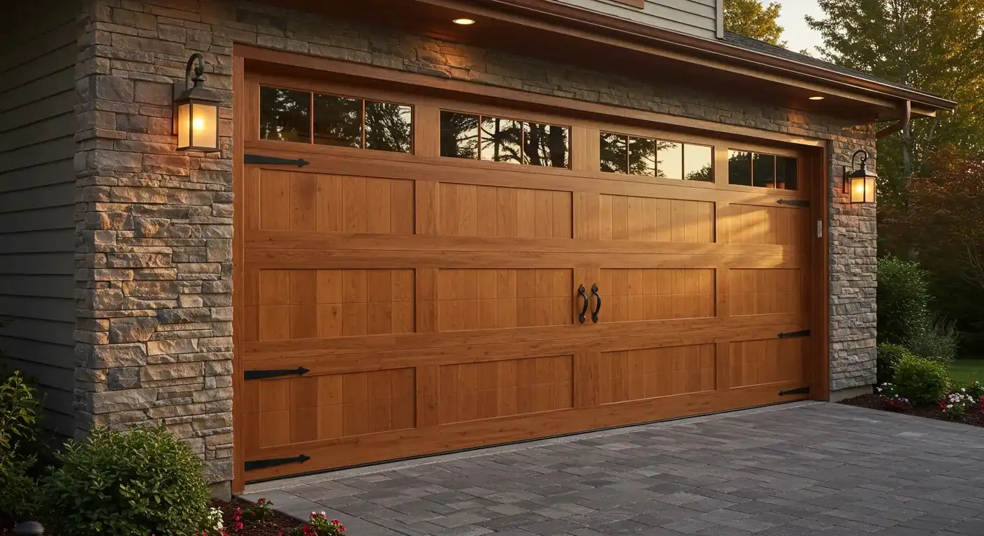 A beautiful two-car wooden garage door with square windows and black hardware, on a stone facade at sunset.