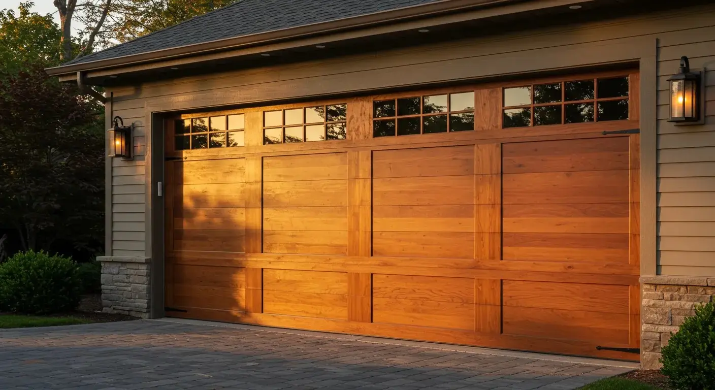 A single, light-colored wooden garage door with windows and black accents, on a siding and stone home.