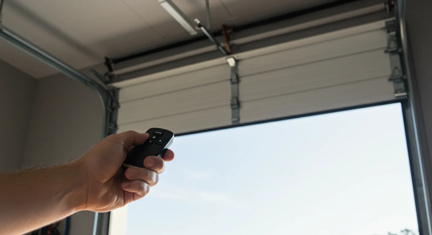 Hand holding a garage door remote with an open garage door and a bright sky in the background.