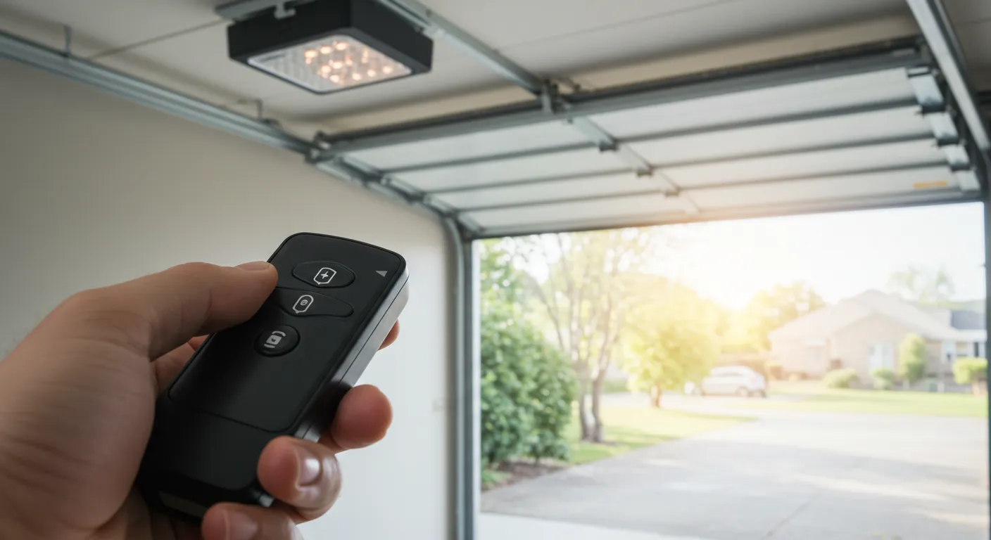 A hand holding a garage door remote with a square light fixture on the ceiling and a sunny driveway outside.