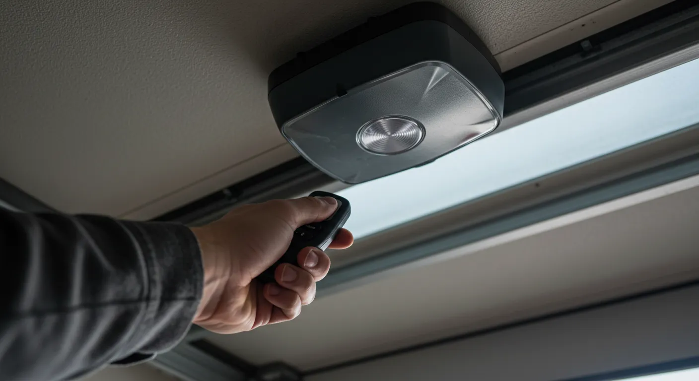 A hand holds a remote, pointing up at a modern garage door opener with a sleek, circular light design.