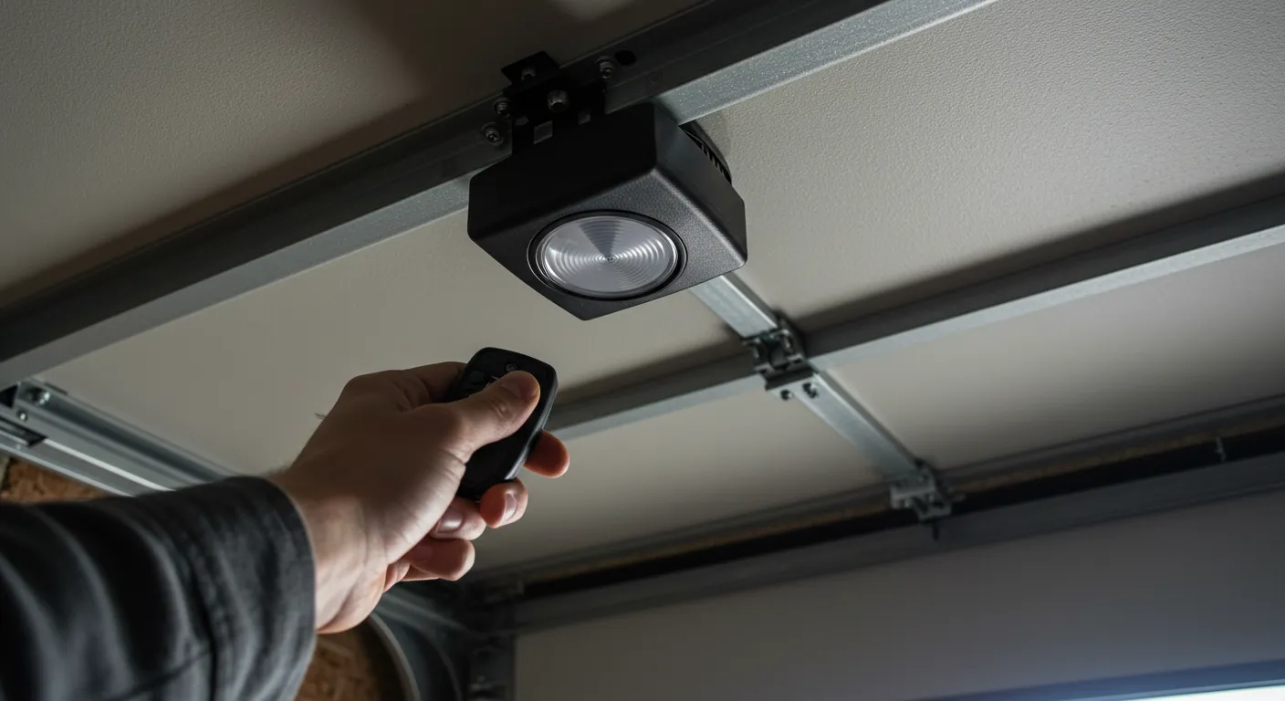 A person holds a remote control, aiming it at the light on a ceiling-mounted garage door opener unit.