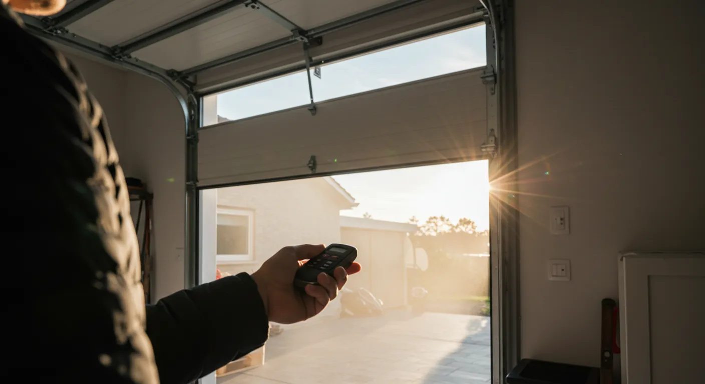 A person's hand holding a garage door remote against a backdrop of a sun-drenched open garage and driveway.