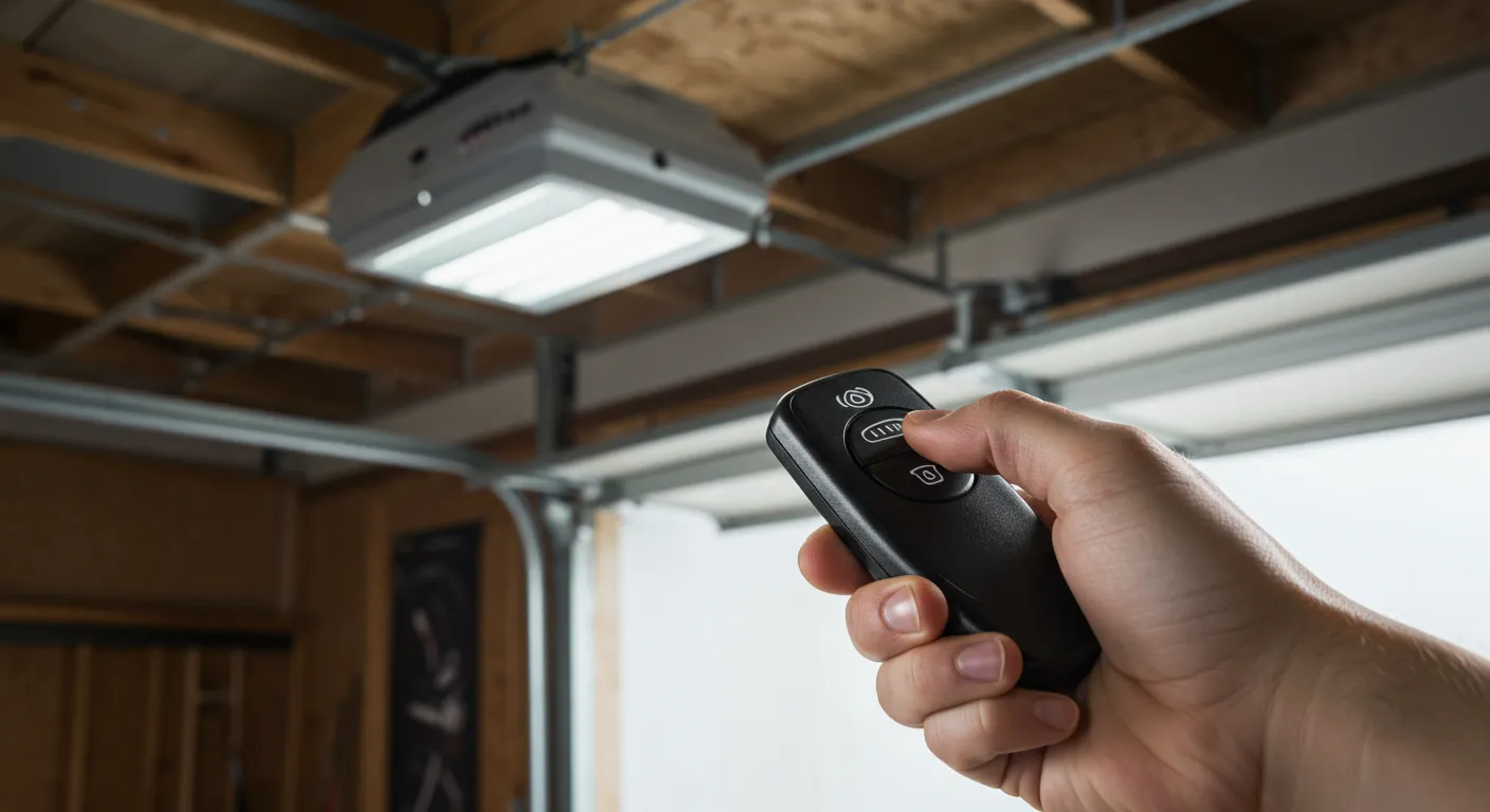 Industrial garage door opener with a silver housing and black end caps, showing the chain drive and wall-mounted controllers.