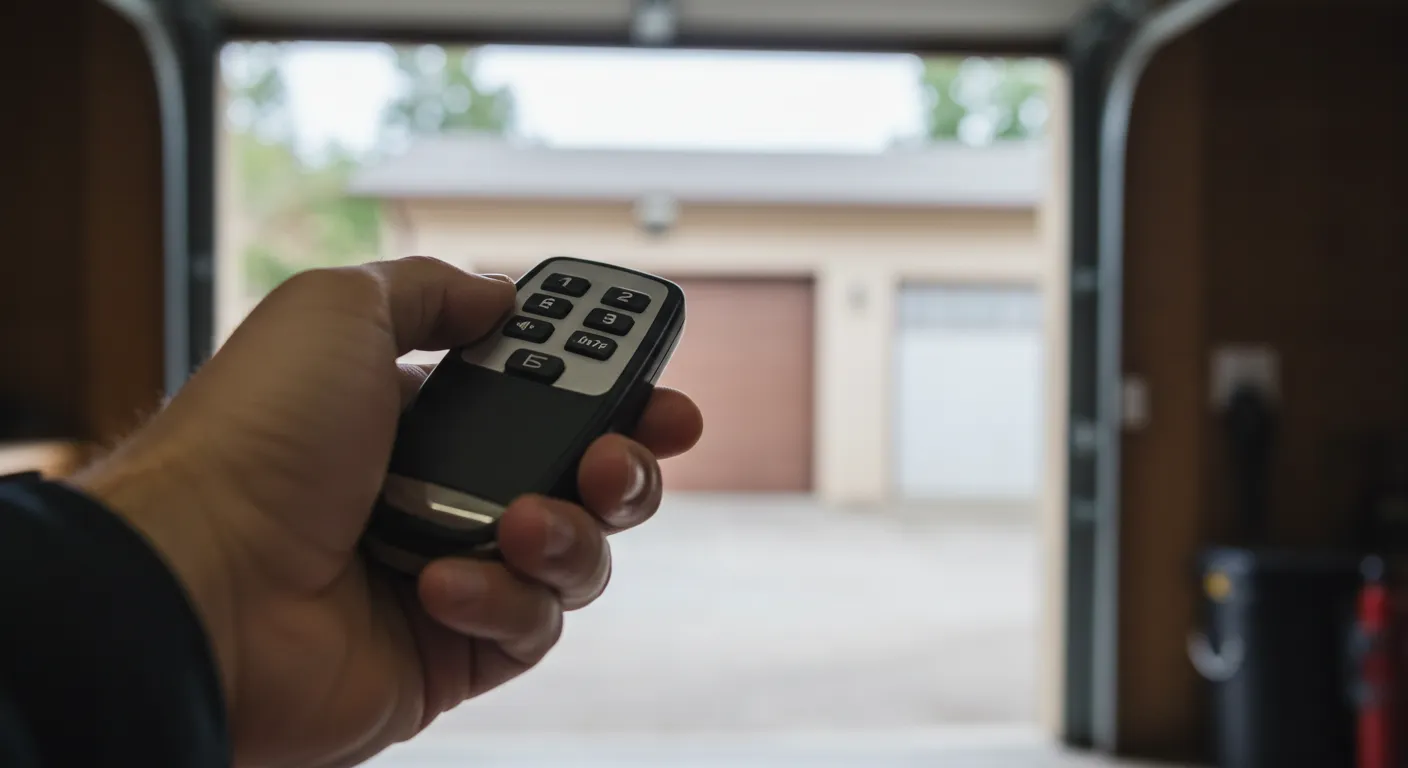 A person's hand holding a remote with numbered buttons, opening a garage door to a two-car garage building.
