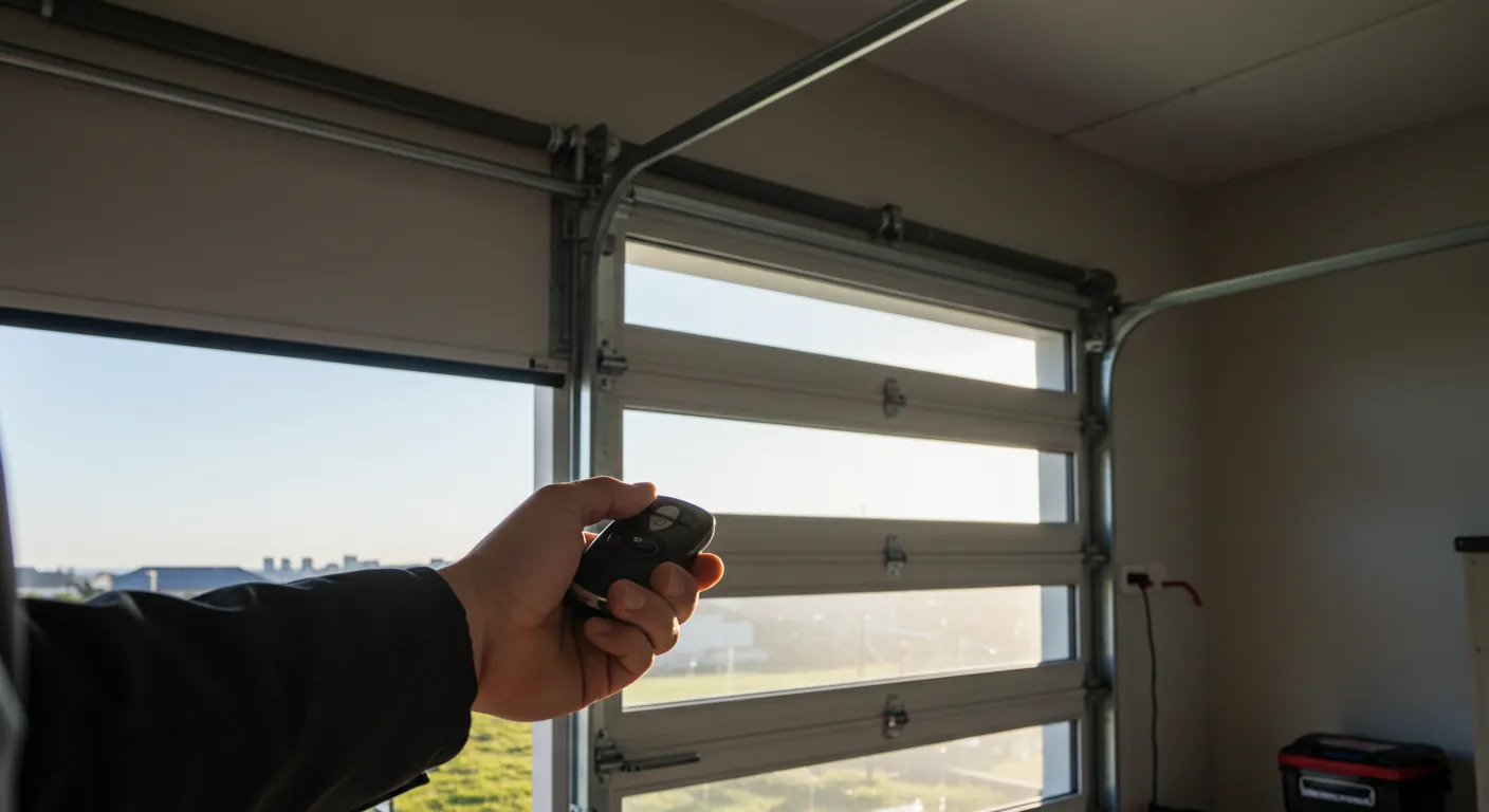 A hand holding a garage door remote, with a modern garage door featuring horizontal glass panels partially open.