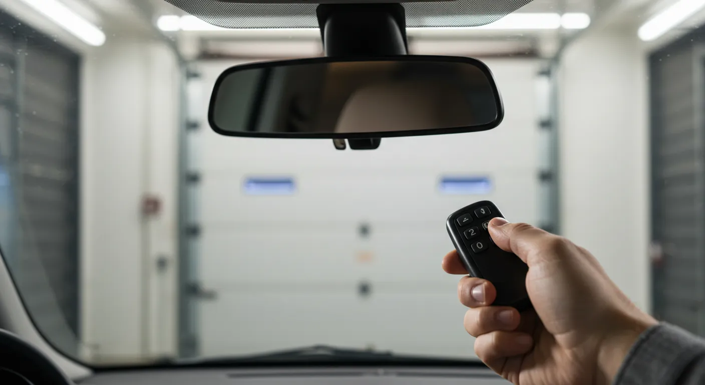A person's hand holding a remote inside a car, with the rearview mirror and a closed garage door in the background.