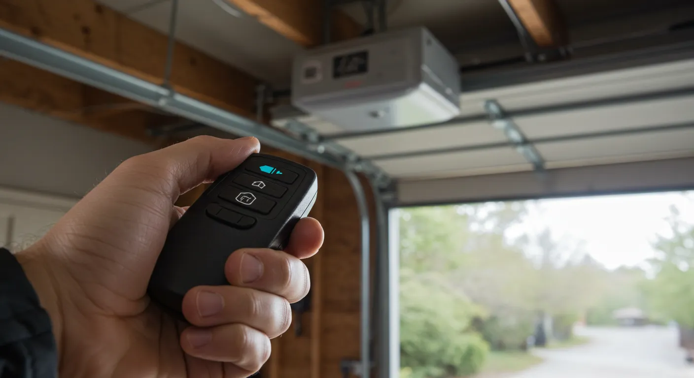 A hand holds a black garage door remote with illuminated blue icons, pointing towards a partially open garage door.