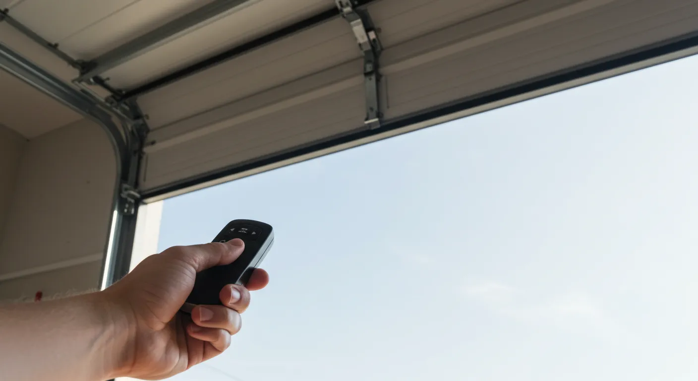 Hand holding a garage door remote control from a low angle, with a bright sky and the top of an open garage door visible.