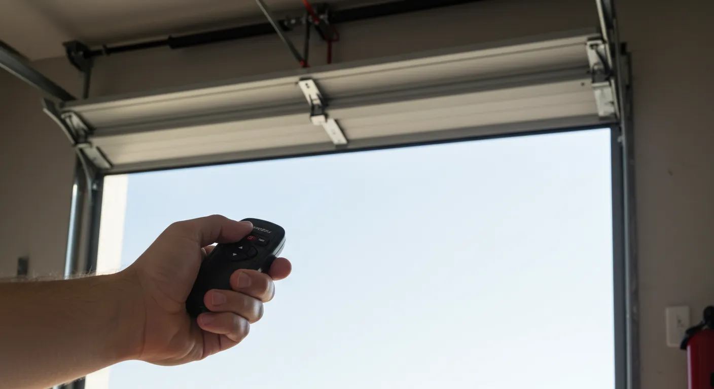 A person's hand holding a garage door remote control, with the open garage door and a bright sky visible behind it.