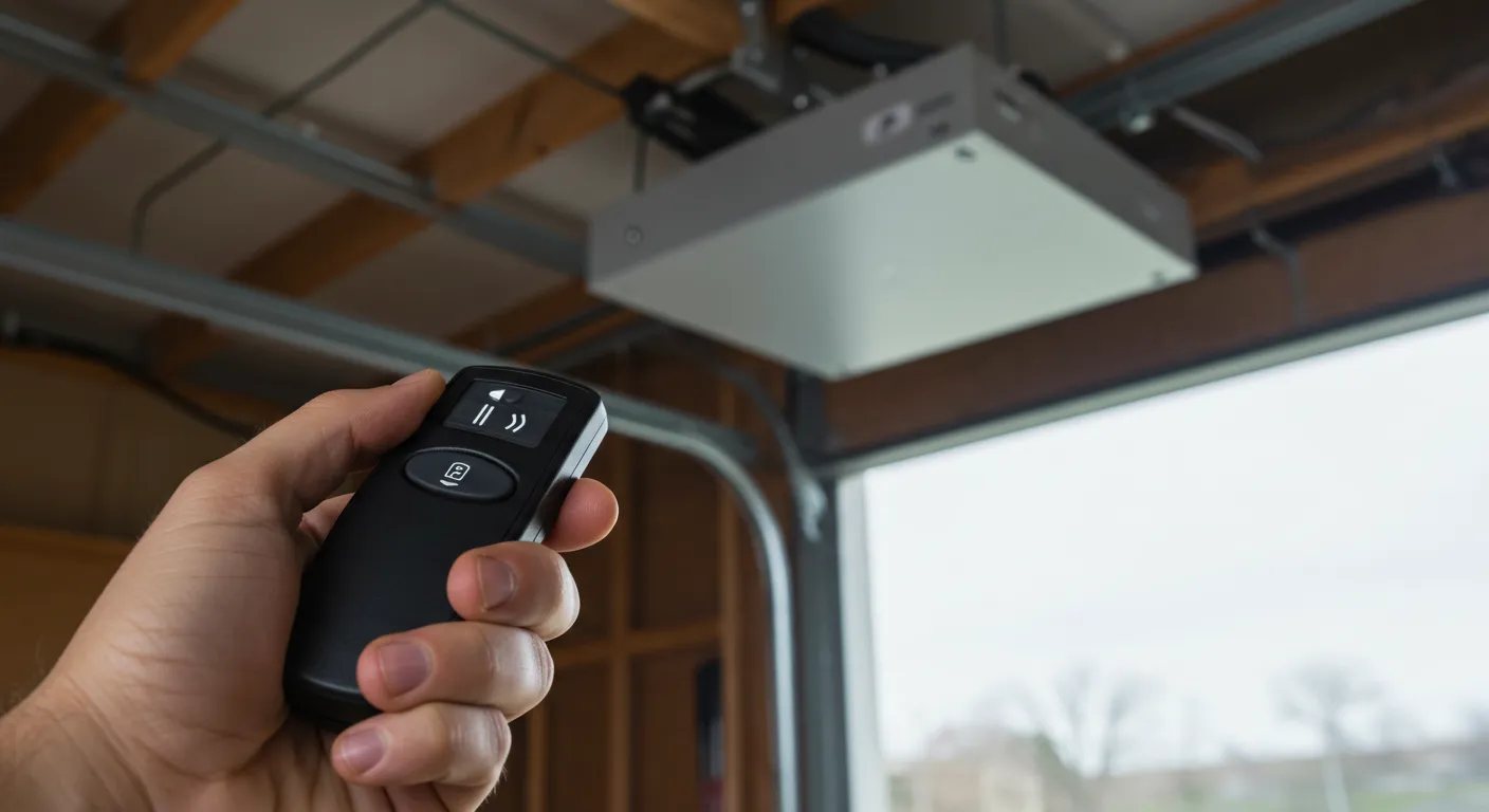 Hand holding a garage door remote, aiming at a sleek, grey garage opener unit on a ceiling with exposed wooden beams.