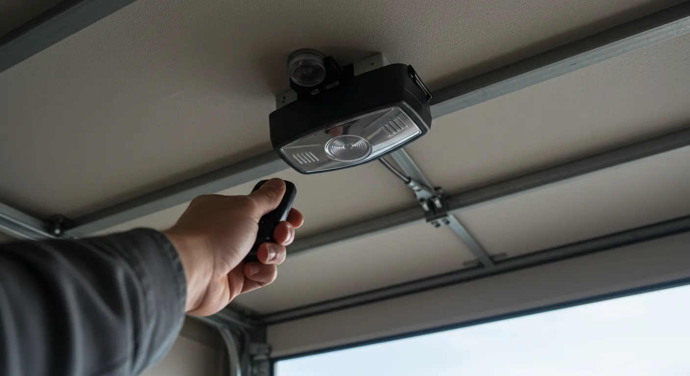 A person holds a garage door remote control, aiming it toward the modern opener unit mounted on the ceiling.
