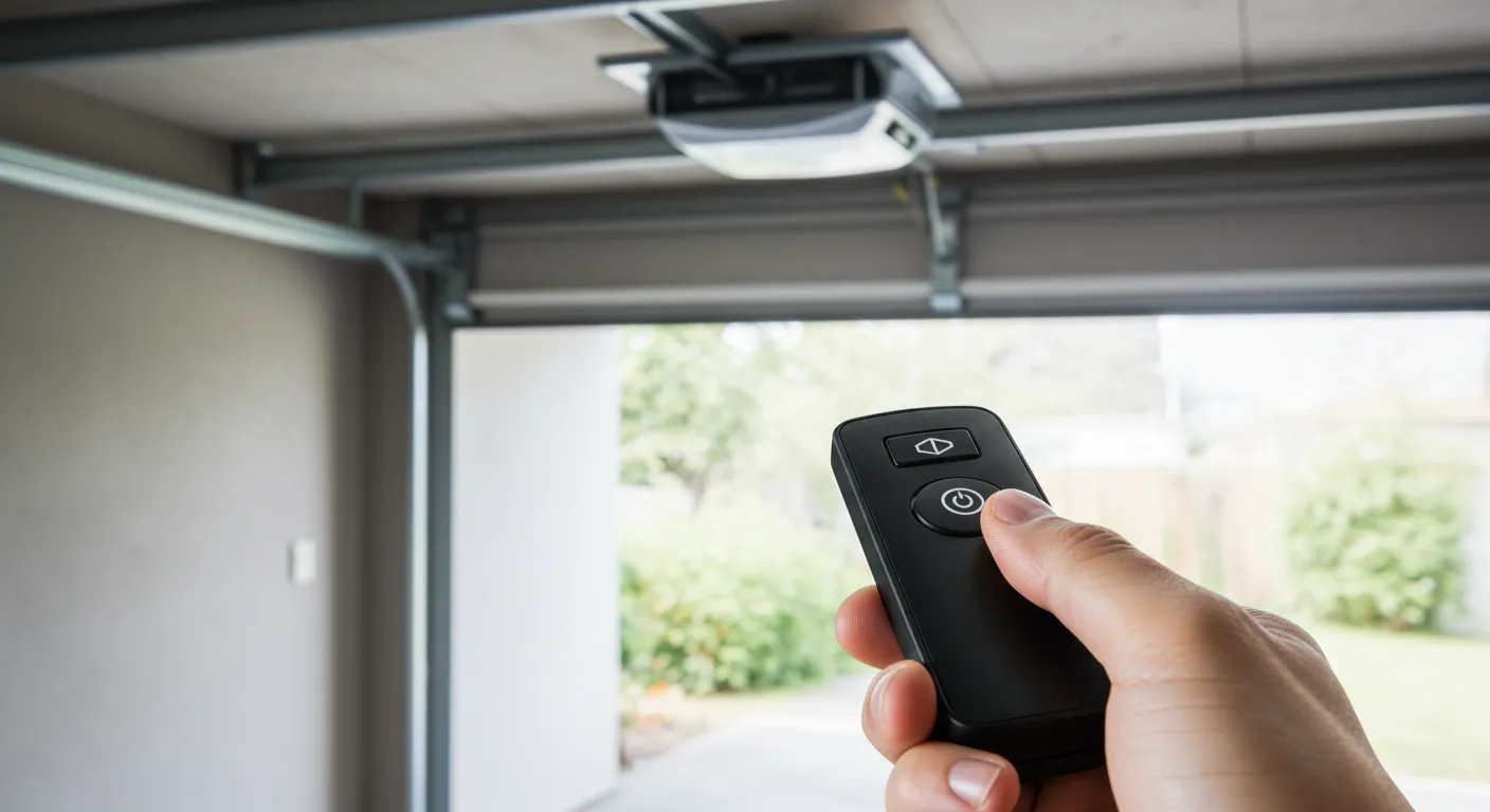 A hand holding a garage door remote with a motor unit visible on the ceiling and the open garage door leading to a driveway.