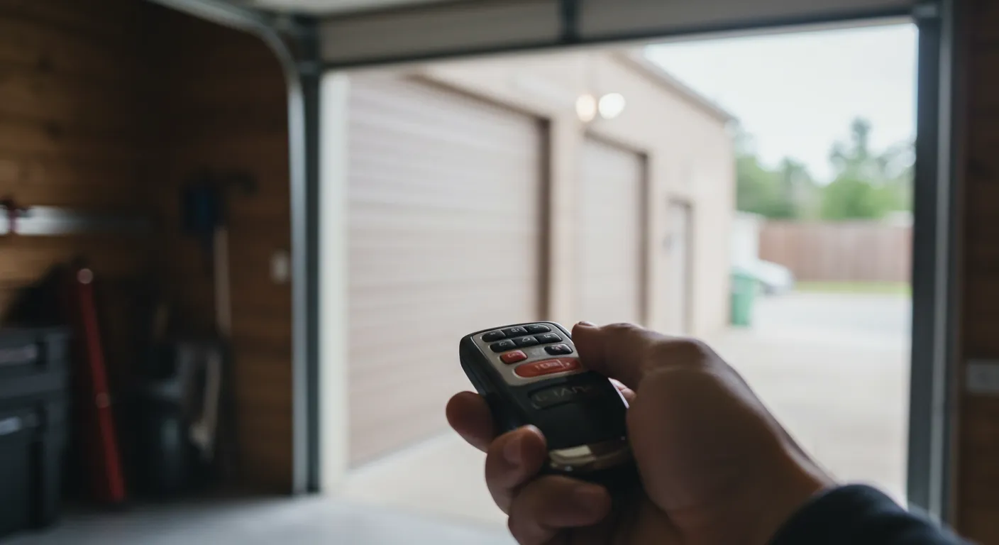 Hand holding a black garage door remote with red buttons, pointing towards two closed garage doors and a driveway.